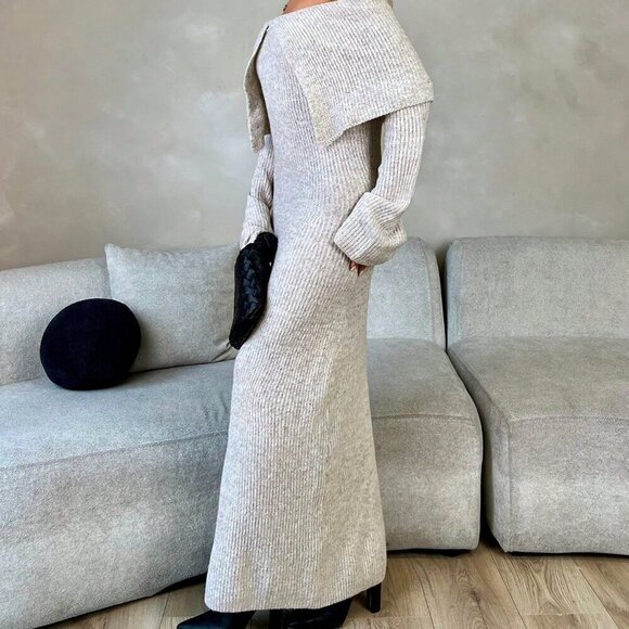 Khaki Elegant Women's Solid Color Long Sleeve Off Shoulder Casual Dress - Picture 5 of 6